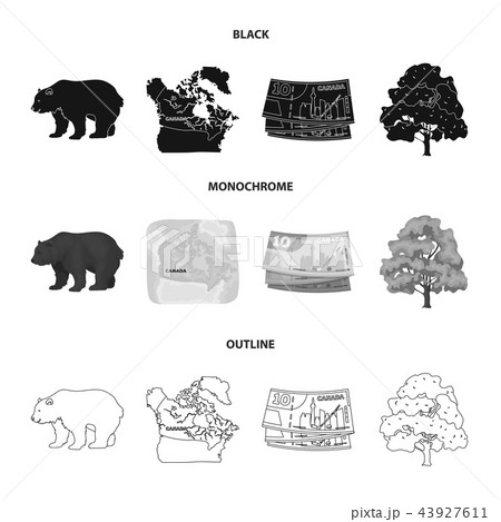 Canadian dollar, territory map and other symbols of the country.Canada set collection icons in black 43927611