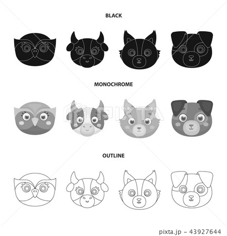 Owl, cow, wolf, dog. Animal's muzzle set collection icons in black,monochrome,outline style vector 43927644