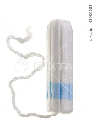 A new tampon with blue string to absorb menstrual blood isolated on white background. Top view 43930683