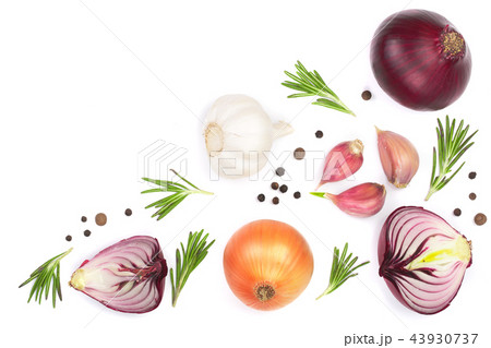 red onions, garlic with rosemary and peppercorns isolated on a white background with copy space for red onions, garlic with rosemary and peppercorns isolated on a white background with copy space for 43930737