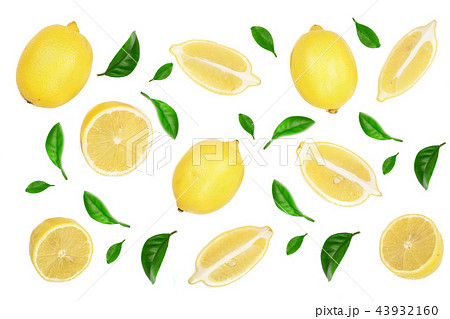 lemon with leaves and slices isolated on white background. Flat lay, top view lemon with leaves and slices isolated on white background. Flat lay, top view 43932160