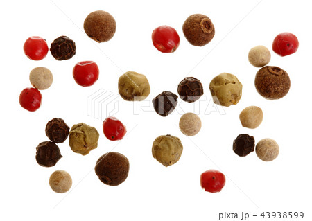 Mixed of peppers hot, red, black, white and green pepper isolated on white background. Top view Mixed of peppers hot, red, black, white and green pepper isolated on white background. Top view 43938599
