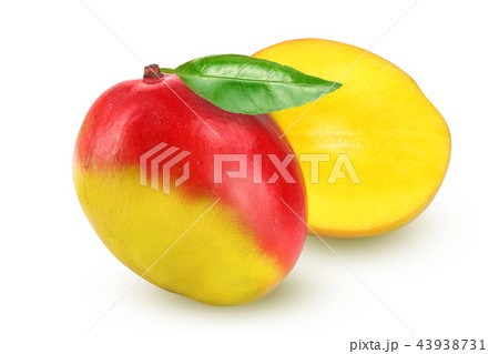 Mango fruit and half with leaf isolated on white background close-up 43938731