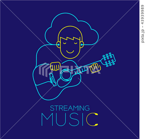 Man with earphone cloud connect smartphone Man with earphone cloud connect smartphone 43939989