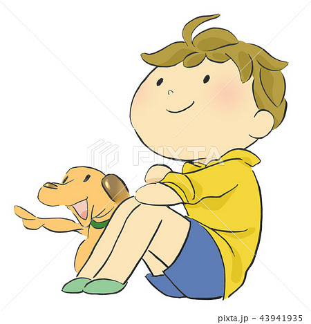 少年 犬 イヌ 男の子 イラスト 笑顔 三角座り 見上げる 白バックのイラスト素材
