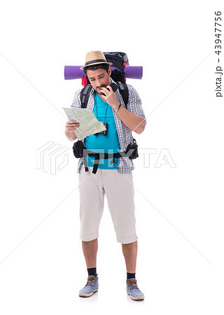 Man lost and looking for direction with map on white Man lost and looking for direction with map on white 43947756
