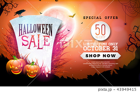 Halloween Sale banner illustration with tombstone, pumpkins, moon and flying bats on red night sky Halloween Sale banner illustration with tombstone, pumpkins, moon and flying bats on red night sky 43949415