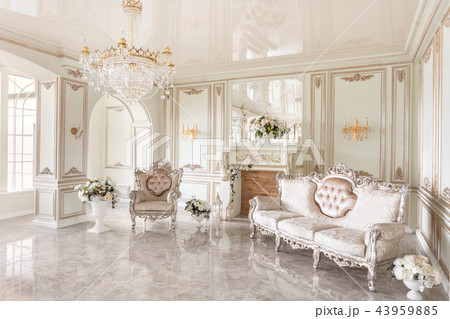 Morning in luxurious light interior in mansion . Bright and clean interior design of a luxury living Morning in luxurious light interior in mansion . Bright and clean interior design of a luxury living 43959885