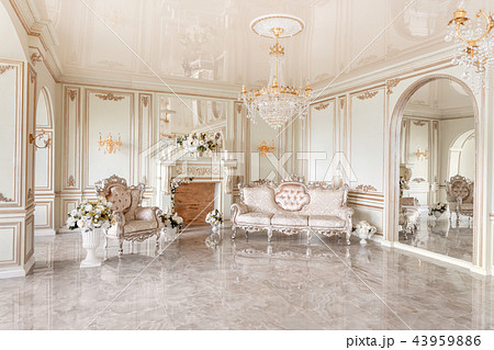 Morning in luxurious light interior in mansion . Bright and clean interior design of a luxury living Morning in luxurious light interior in mansion . Bright and clean interior design of a luxury living 43959886