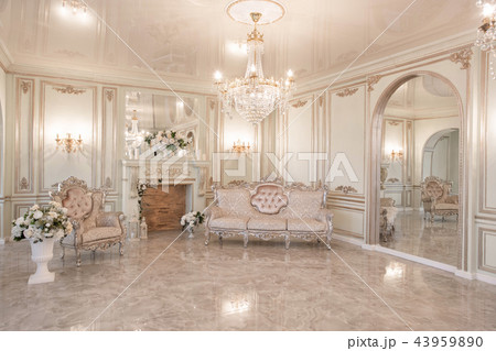 daylight in the interior and light of electric lamps. Morning in luxurious light interior in mansion daylight in the interior and light of electric lamps. Morning in luxurious light interior in mansion 43959890