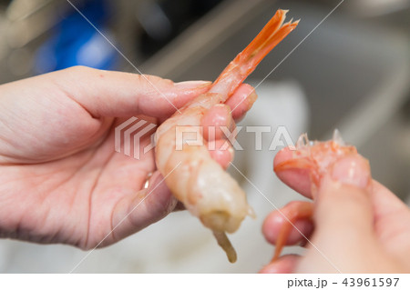 えびの殻をむく女性 43961597
