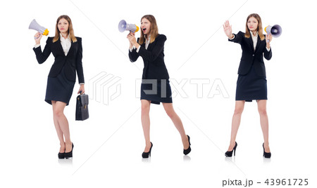 Businesswoman with loudspeaker isolated on white Businesswoman with loudspeaker isolated on white 43961725