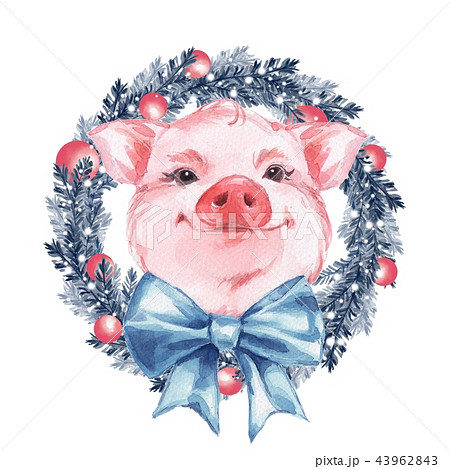 Funny Pig And Wreath Christmas Cardのイラスト素材