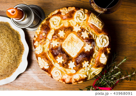 Serbian slava bread decorated in traditional style Serbian slava bread decorated in traditional style 43968091
