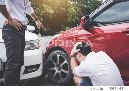 Two drivers man arguing after a car traffic accident collision, 43974484
