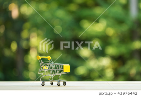 Little shopping cart on forest background Little shopping cart on forest background 43976442