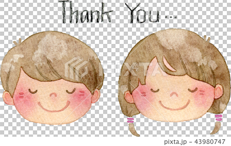 目を閉じて微笑む子供たちの水彩イラスト(Thank You文字付き) 43980747