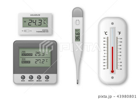Vector realistic 3d celsius and fahrenheit meteorology, weather, electronic medical and aquarium 43980801