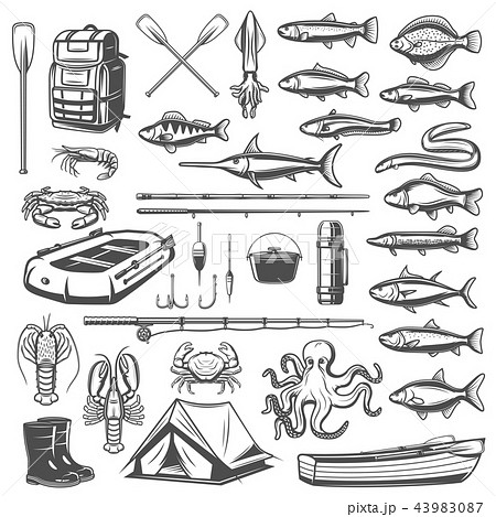 Fishing Equipment Tackle And Fish Iconsのイラスト素材