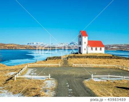 Ulfljotfvatnskirkja, church on lake, Iceland Ulfljotfvatnskirkja, church on lake, Iceland 43983489
