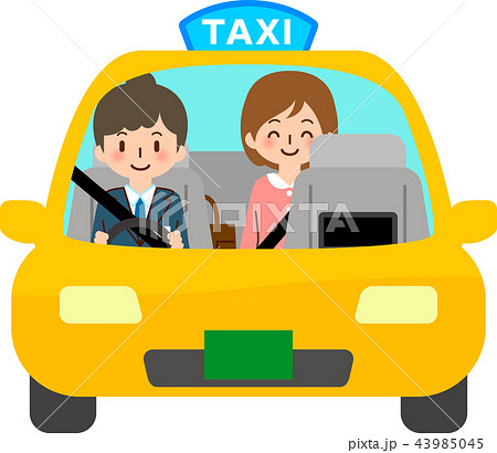 タクシーに乗った女性客と女性運転手のイラスト素材