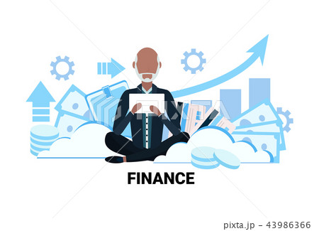 senior asian businessman financial trading consultant sitting lotus pose using tablet over arrow up senior asian businessman financial trading consultant sitting lotus pose using tablet over arrow up 43986366