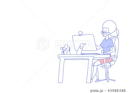 businesswoman using computer sit office desk workplace woman boss drinking coffee working process 43986386