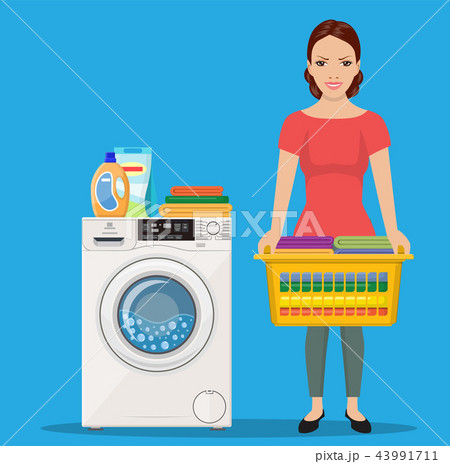 Cheerful girl standing and holding laundry basket Cheerful girl standing and holding laundry basket 43991711