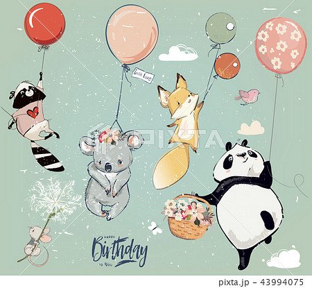 Collection With Cute Birthday Fly Animals With のイラスト素材