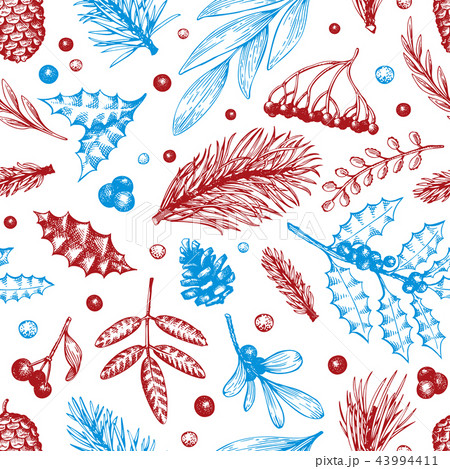 Vector Christmas seamless pattern. Hand drawn winter illustrations. Banner with coniferous, pine Vector Christmas seamless pattern. Hand drawn winter illustrations. Banner with coniferous, pine 43994411