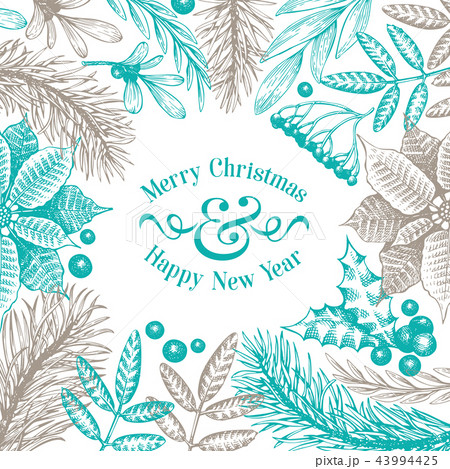 Greeting Christmas card in vintage style. Vector hand drawn illustrations. Frame with coniferous Greeting Christmas card in vintage style. Vector hand drawn illustrations. Frame with coniferous 43994425