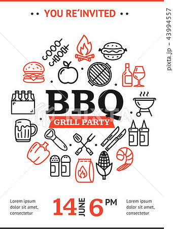 Bbq Party Invitation Round Design Template with Thin Line Icon. Vector 43994557