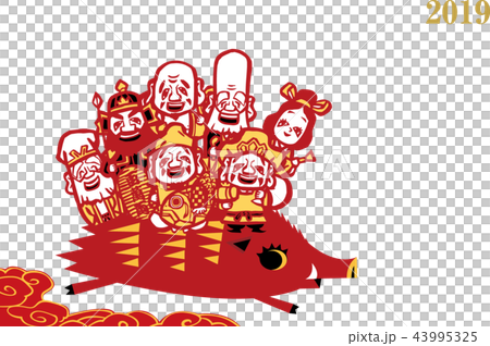 イノシシと七福神_年賀はがき_横 イノシシと七福神_年賀はがき_横 43995325