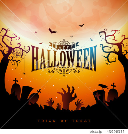 Happy Halloween banner illustration with moon, flying bats and zombie hand on red night sky Happy Halloween banner illustration with moon, flying bats and zombie hand on red night sky 43996355