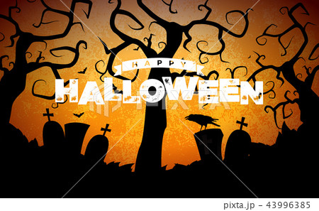 Happy Halloween banner illustration with cemetery and crow on blue orange sky background. Vector 43996385