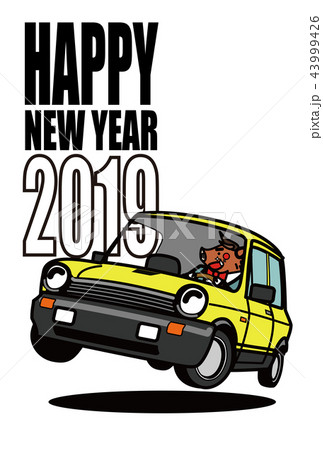 2019年年賀状　亥とコンパクトカー　男性 43999426