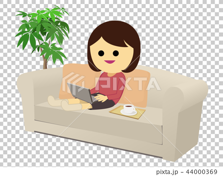 自宅でパソコンをする女性のイラストのイラスト素材