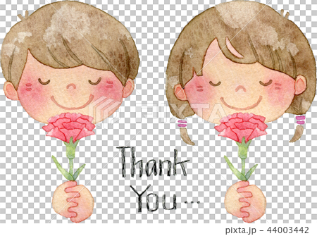 [Mother's Day] Watercolor illustration of smiling children holding carnations (with handwritten "Thank you" text) 44003442