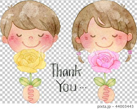 【母親節/父親節】微笑的孩子拿著玫瑰花的水彩插圖（附有手寫的感謝信） 44003443