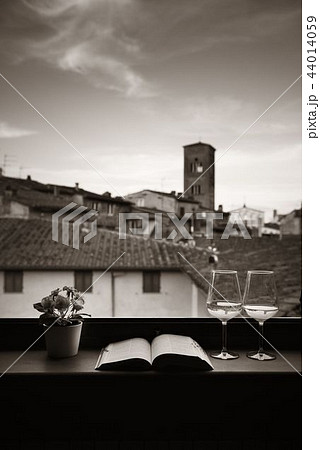 Lucca window view with wine book flower 44014059