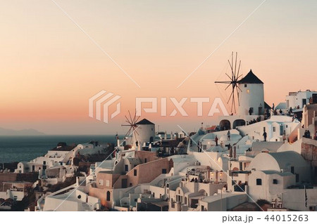 Santorini skyline sunset windmill 44015263