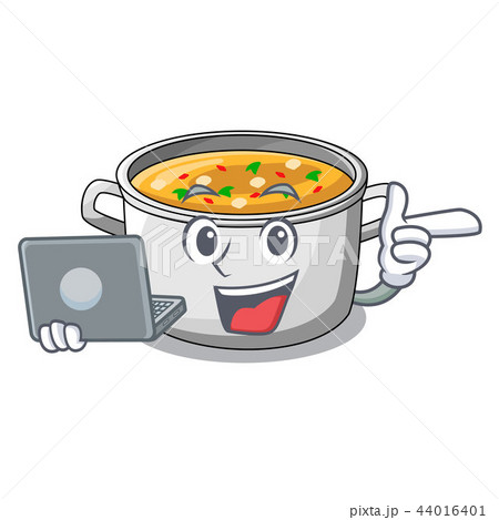 With laptop vegetable soup with pasta in pot cartoon With laptop vegetable soup with pasta in pot cartoon 44016401