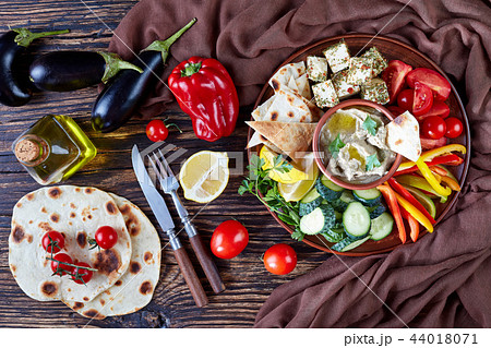 Vegetarian Baba ganoush with vegetables, top view Vegetarian Baba ganoush with vegetables, top view 44018071