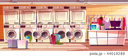 Laundry Shop Laundromat Room Vector Illustrationのイラスト素材