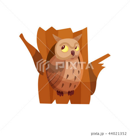 Cute owlet sitting in hollow of tree vector Illustration on a white background 44021352