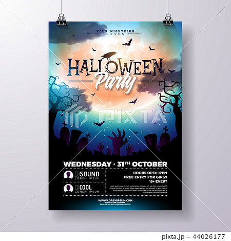 Halloween Party flyer vector illustration with zombie hands and flying bats on mysterious moon 44026177