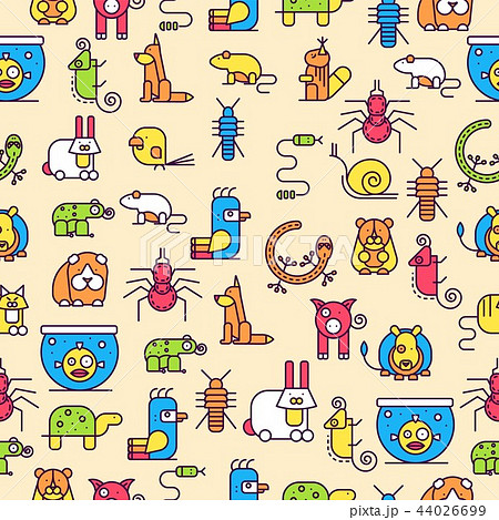 Pets flat illustration semless pattern concept. Wildlife and home zoo animals vector design icons. Pets flat illustration semless pattern concept. Wildlife and home zoo animals vector design icons. 44026699
