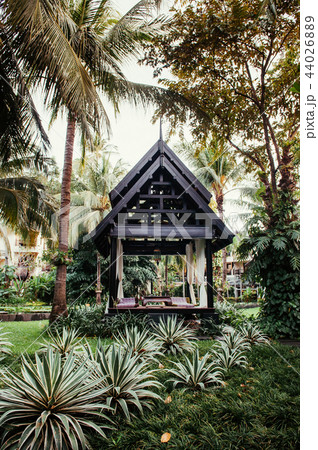 Thai pavilion in lush tropical garden with agave Thai pavilion in lush tropical garden with agave 44026889