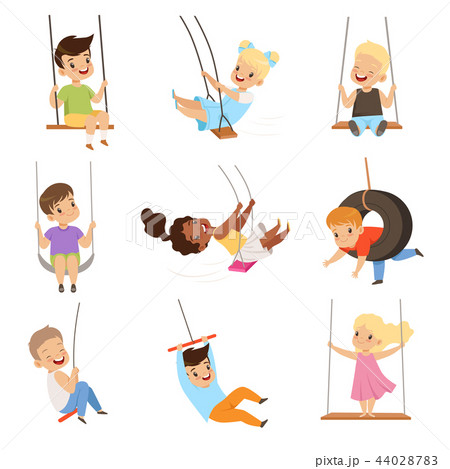 Cute little kids swinging on rope swings, boys and girls having fun outdoor vector Illustration on a 44028783