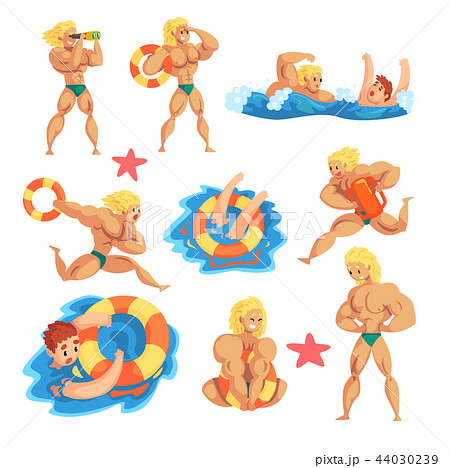 Male lifeguard saving drowning people set, muscular professional rescuer on duty vector Illustration Male lifeguard saving drowning people set, muscular professional rescuer on duty vector Illustration 44030239